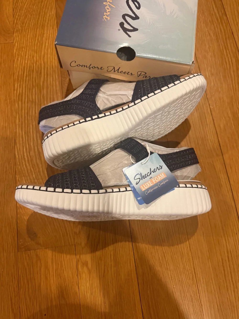 SKECHERS women’s Wilshire Blvd Summertime Inspo Navy Wedge Sandals